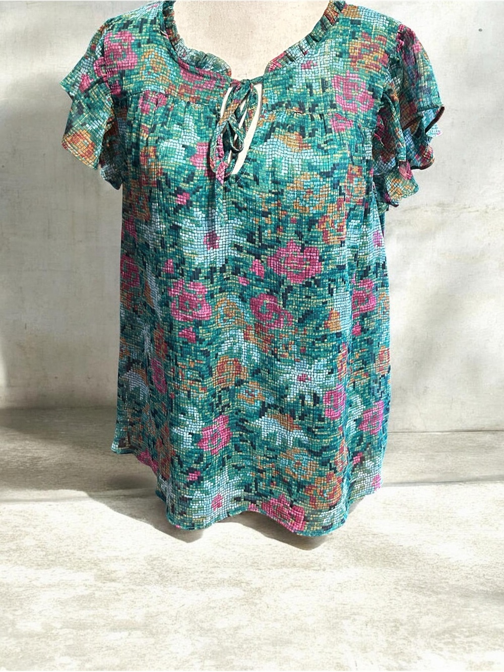 LC Lauren Conrad Teal Blouse with Floral Trim Medium EUC